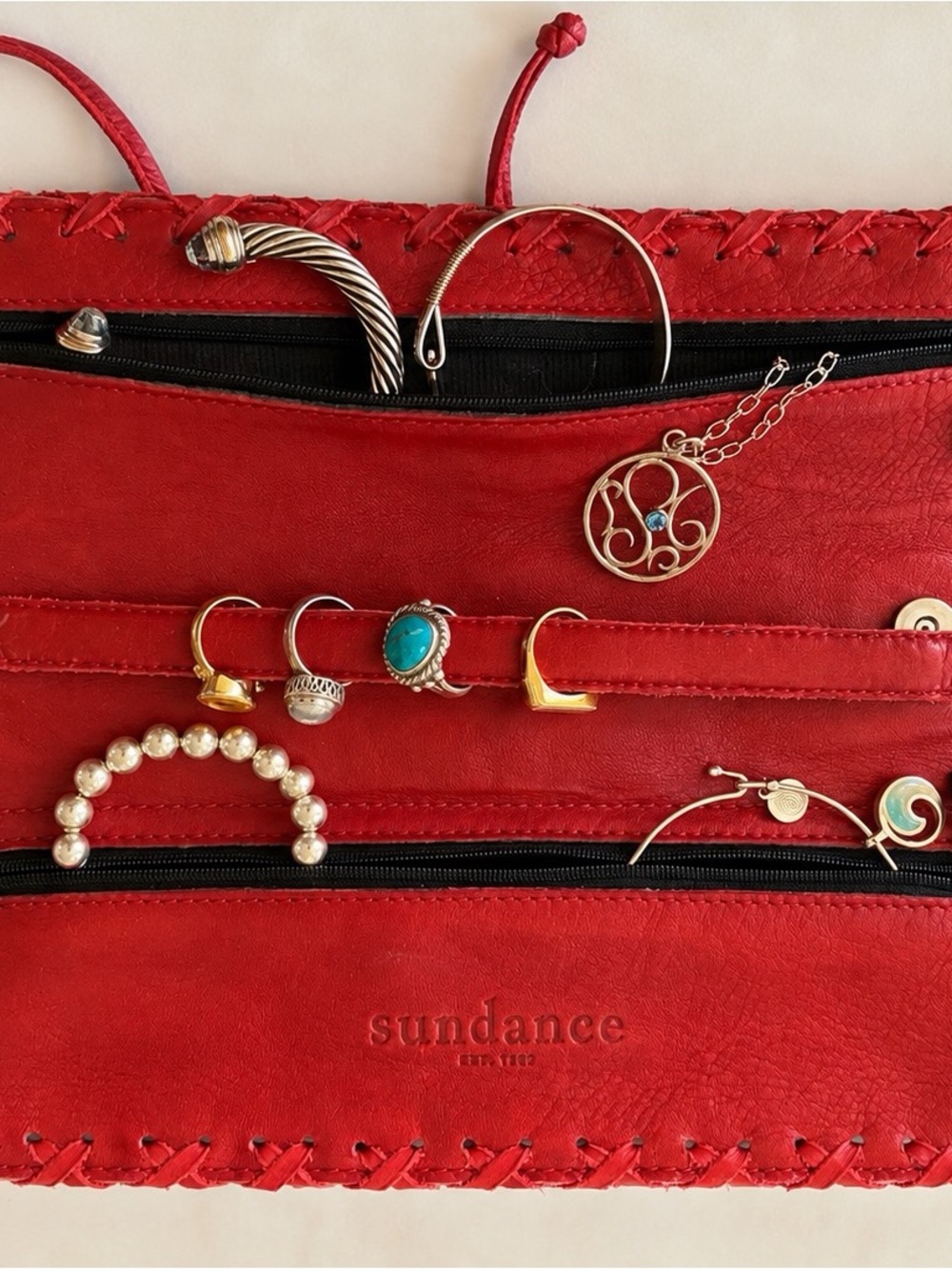 Sundance Catalog Genuine Leather Jewelry Roll-Up Travel Case – Red